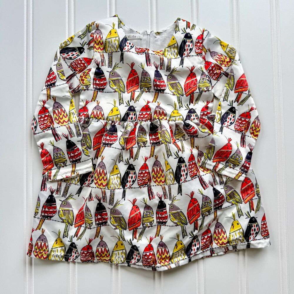 Toddler Girls Eclectic Whimsical Bird Print Long Sleeve Lined Dress | 5/6